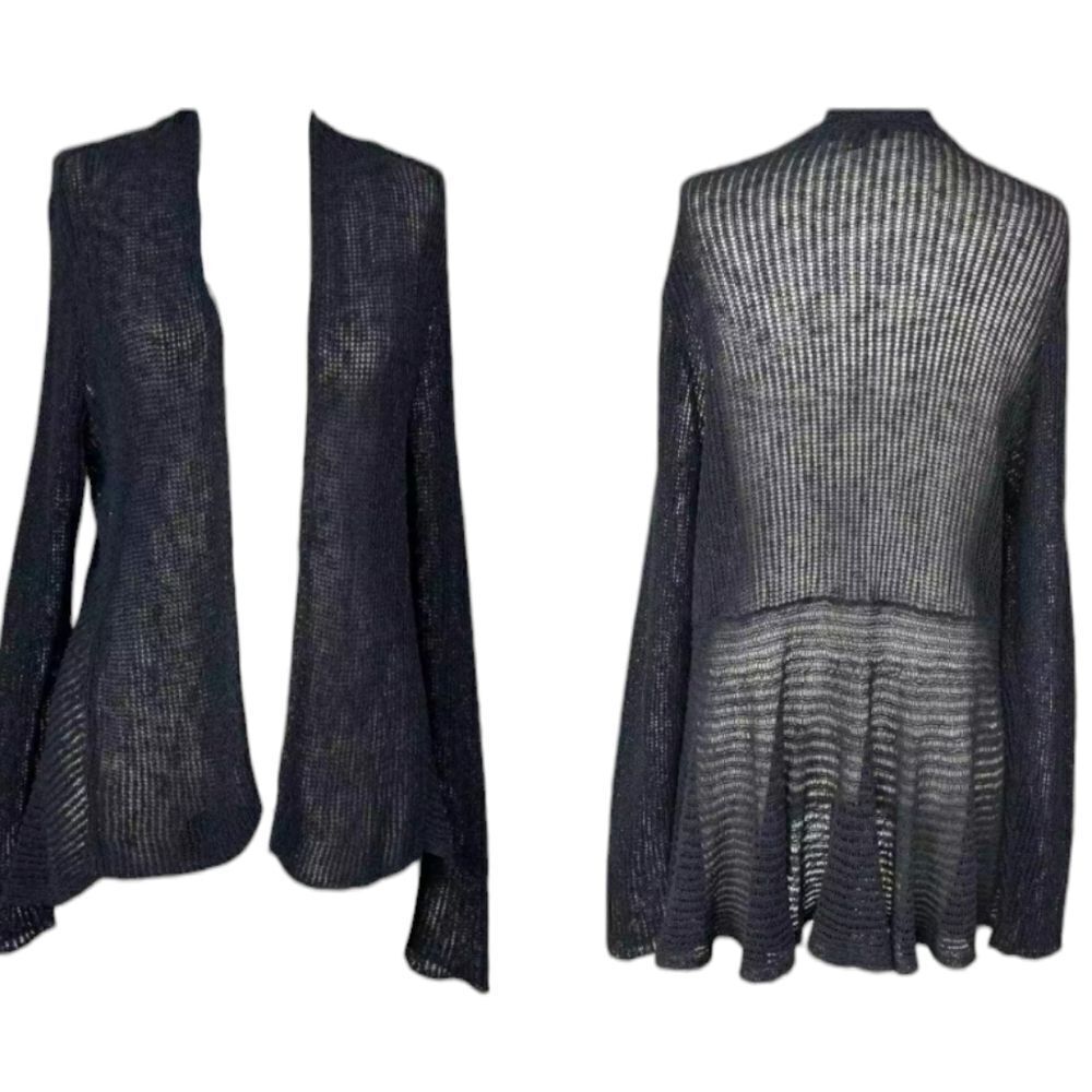 Eileen Fisher Cardigan Linen blend loose knit ruffle hem Dark Grey size PL